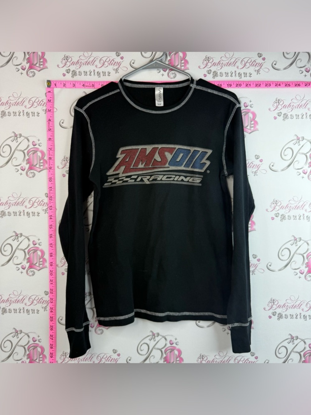 CANVAS AMSOIL Mens Racing Black Long Sleeve Tee Black, Red, and White